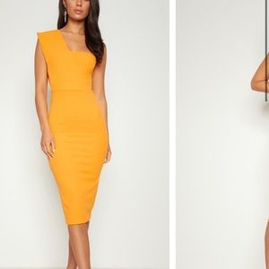 PLT. Yellow one shoulder draped midi dress size 10